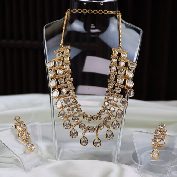 Grand Layered Kundan Necklace & Earrings Set, JP35 - Picture 1 of 10